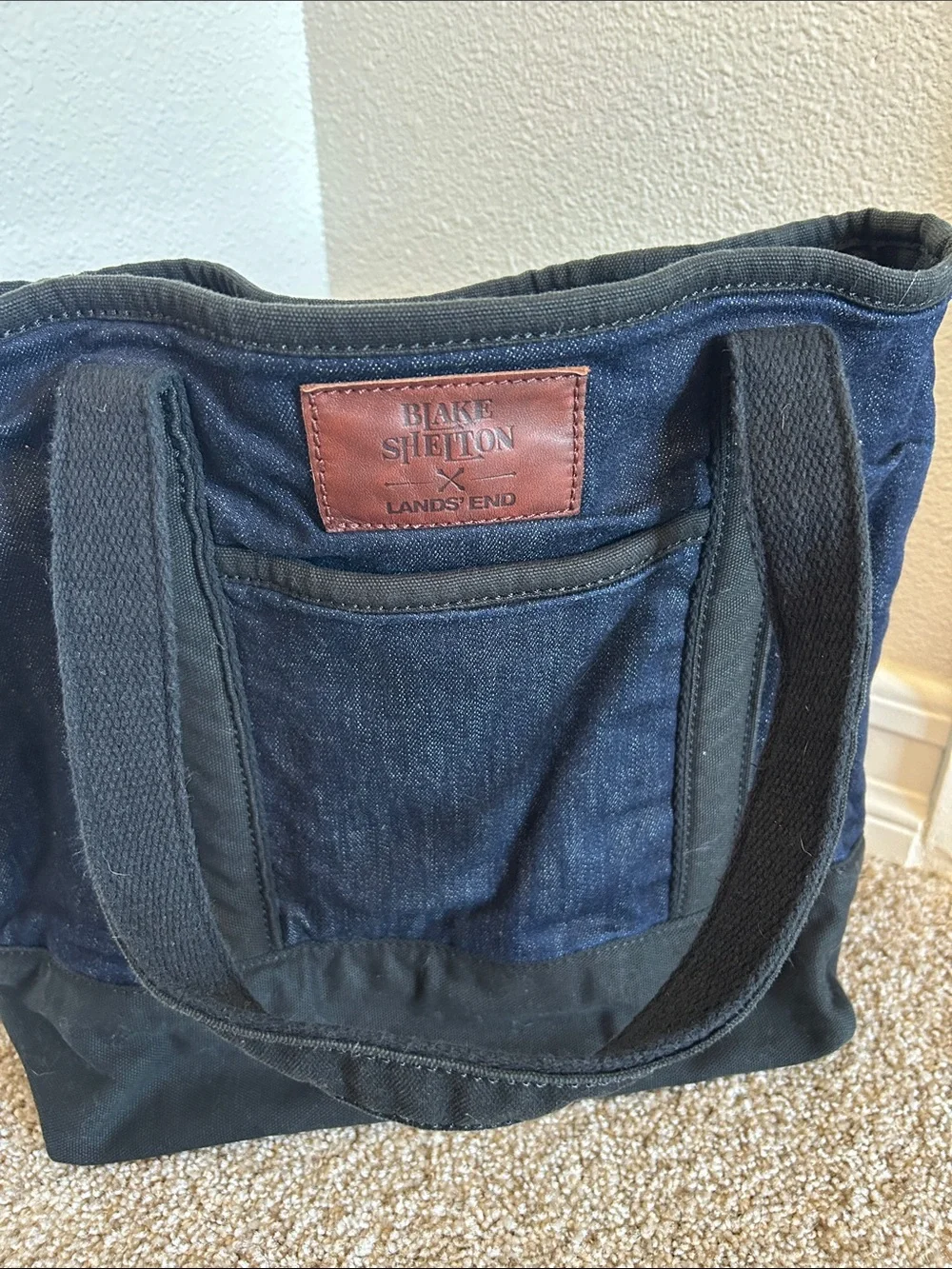 Lands' End Dark Blue Denim and Black Canvas Messenger Tote